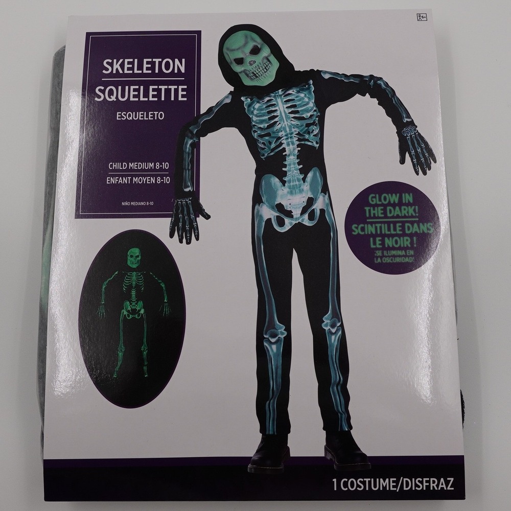 Amscan Skeleton Costume Child Medium 8-10 Black Glow In The Dark 4pc Set
